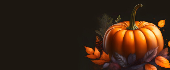 Pumpkin with colorful autumn leaves on dark background banner template. Thanksgiving, Halloween, fall banner with copy space. Digital watercolor, Generative AI.