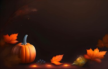 Naklejka na ściany i meble Pumpkin with colorful autumn leaves on dark background banner template. Thanksgiving, Halloween, fall banner with copy space. Digital watercolor, Generative AI.
