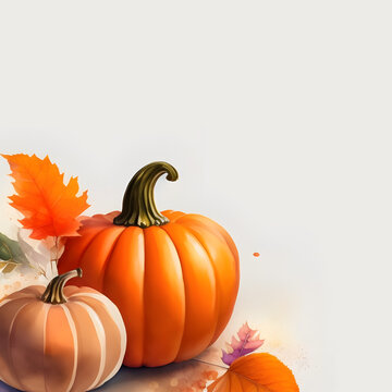 Pumpkin with colorful autumn leaves frame template. Thanksgiving, fall card border with copy space. Square image for social media posts. Digital watercolor, Generative AI.