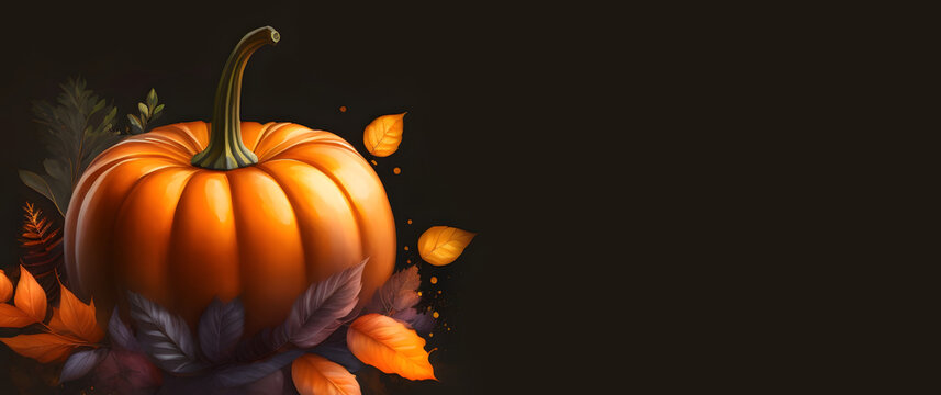 Pumpkin with colorful autumn leaves on dark background banner template. Thanksgiving, Halloween, fall banner with copy space. Digital watercolor, Generative AI.