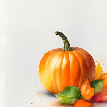 Pumpkin with colorful autumn leaves frame template. Thanksgiving, fall card border with copy space. Square image for social media posts. Digital watercolor, Generative AI.