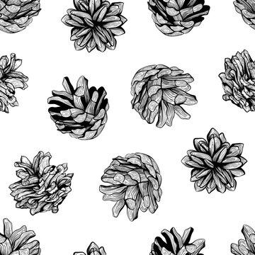 Black and white seamless natural pattern background design with pine cones