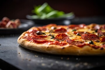 Detailed close-up photography of a juicy pizza on a slate plate against a dark background. With generative AI technology