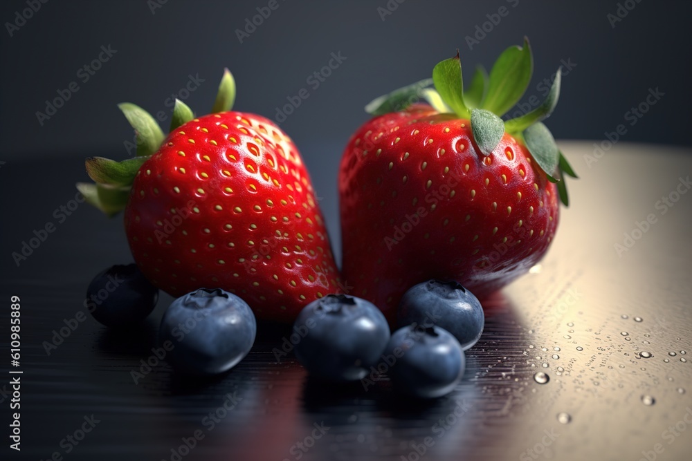 Poster strawberries with blueberries. generated by ai generative ai