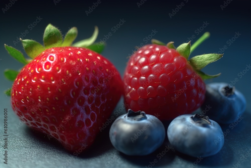 Poster strawberries with blueberries. generated by ai generative ai
