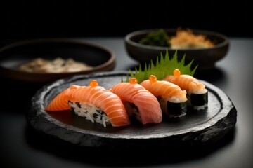 Close-up view photography of a tempting sushi in a clay dish against a dark background. With generative AI technology