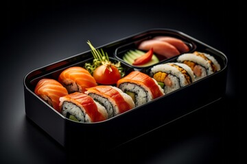 Highly detailed close-up photography of a tempting sushi in a bento box against a dark background. With generative AI technology