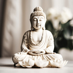 Fototapeta premium Closeup Rock Buddha statue used for amulets of Buddhism religion. Buddhism is popular region in China Japan and south east Asia.copy space concept , Photo by AI generative technique.