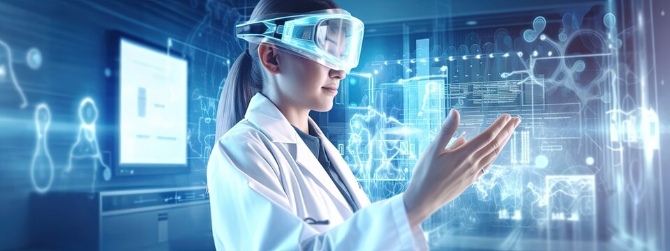 Healthcare and Medical technology concept. Medicine doctor wearing virtual reality glasses Checking diagnosis of patient with modern simulator interface, Science. Innovative and technology.