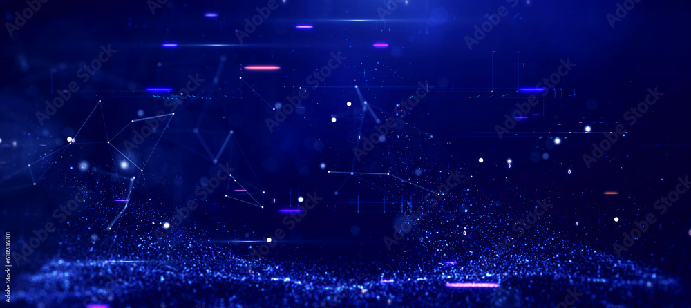 Aufkleber Digital information technology concept. Cybersecurity and protection system from online crime threats. Data Analytics or Data Science. Binary code, polygons and particles on dark blue background.