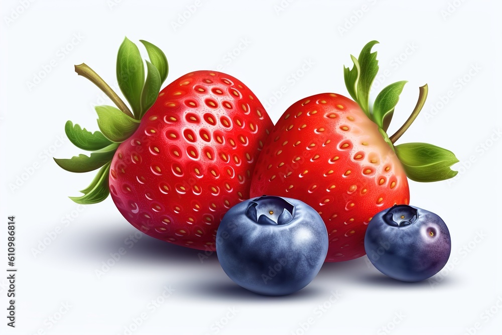 Poster strawberries with blueberries on a white background. generated by ai generative ai