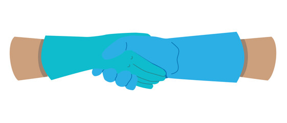 Close-up of hands with a handshake in a rubber glove isolated on a white background. Vector. Doctors consent concept.