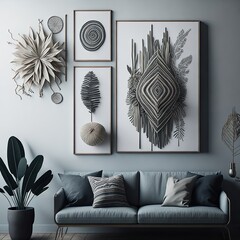 photograph of home decor boho wall art painting, boho interior design, neutral color scheme, mockup, generative AI