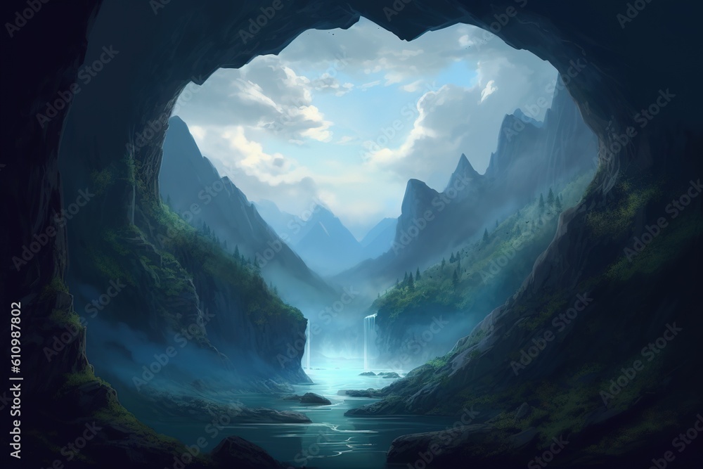 Poster a grotto that runs with water all the way through it generative ai