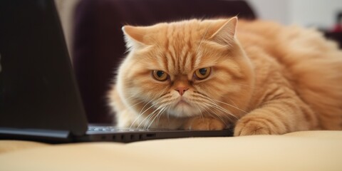 Dissatisfied cat from lack of attention lay down on the ultrabook and prevents the owner from working with a laptop, concept of Pet distraction, created with Generative AI technology