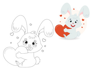 Cute coloring book - happy white rabbit with red heart. Love happiness. Cute, vector, childish illustration.