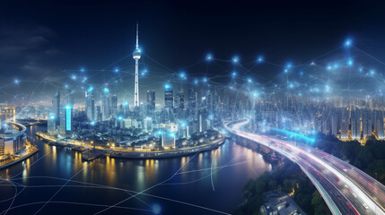 Fototapeta na wymiar Blue light virtual technology a city Generative AI