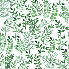 watercolor seamless pattern with abstract green leaves, greenery on white background