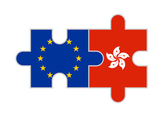 puzzle pieces of european union and hong kong flags. vector illustration isolated on white background