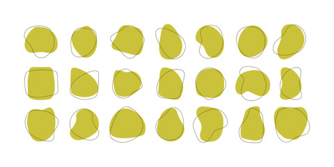 Vector set of abstract organic amoebas. Liquid base forms of green color with a line, asymmetric spots. Isolated graphic elements on a white background.