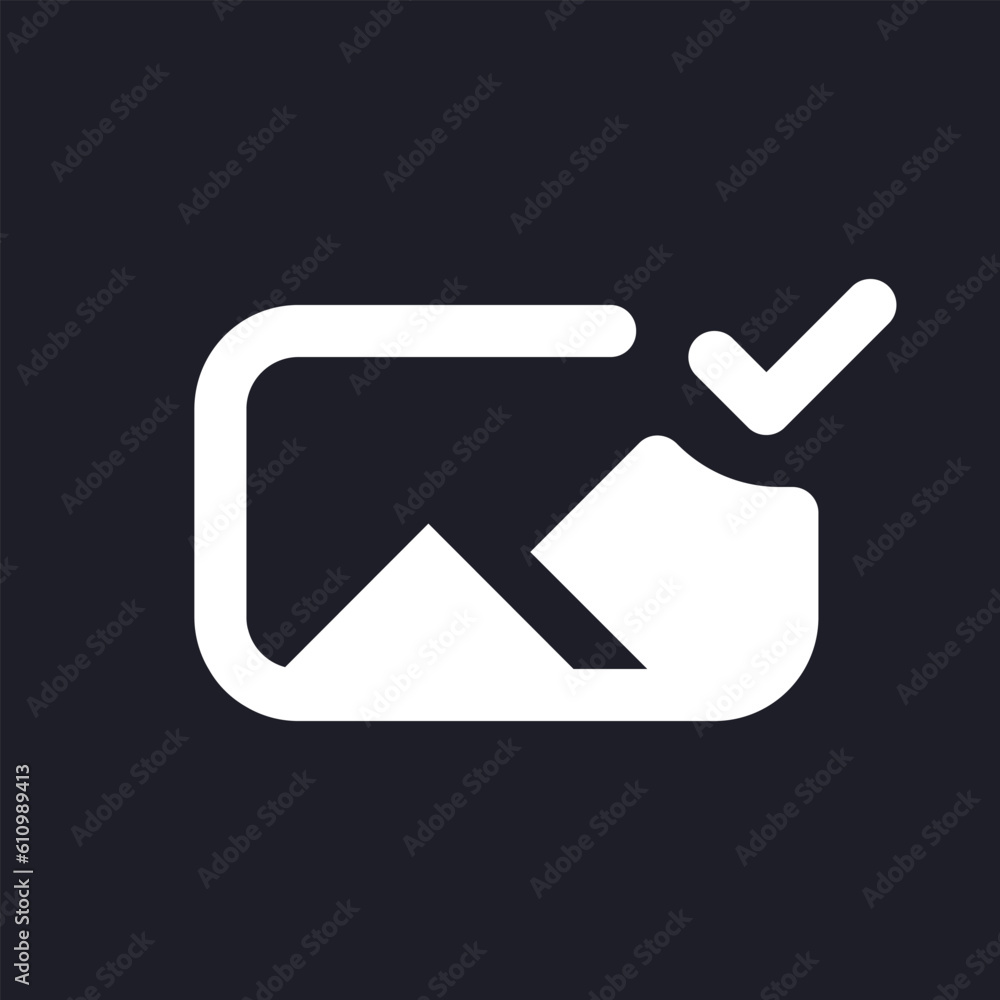 Poster Applied photo file white pixel perfect solid ui icon. Editing application. Approved image. Silhouette symbol for dark mode. Glyph pictogram on black space for web, mobile. Vector isolated image