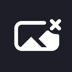 Remove photo file white pixel perfect solid ui icon. Deleting picture. Image and cross mark. Silhouette symbol for dark mode. Glyph pictogram on black space for web, mobile. Vector isolated image