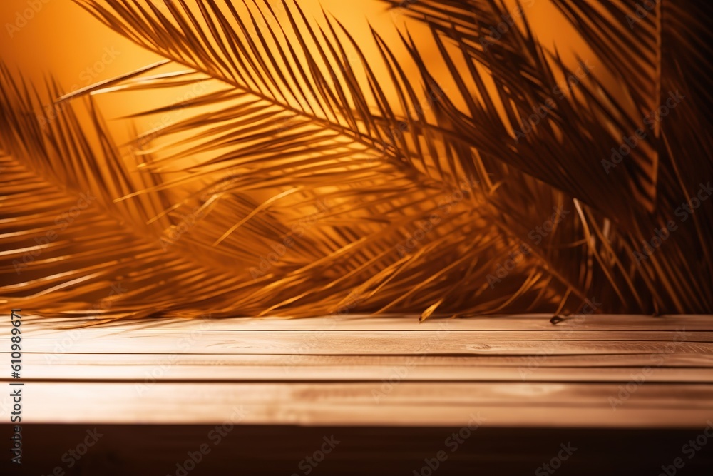 Poster an up-close view of a wooden surface, with a palm tree visible in the distance. generative ai