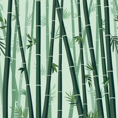 Vector seamless horizontal background with green bamboo stems and leaves