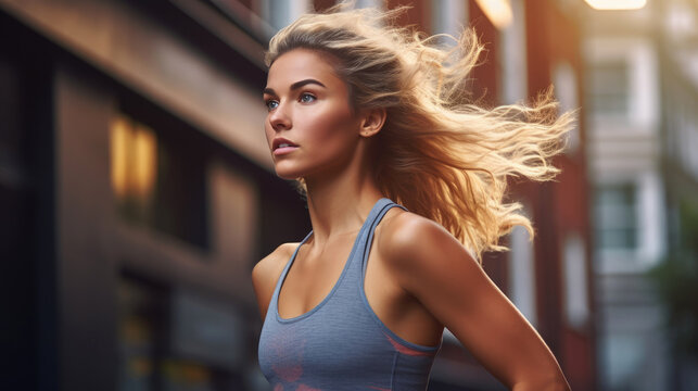 Sporty young woman running. Generative AI