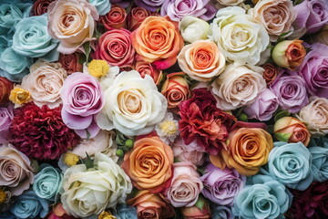 Obraz na płótnie Canvas wedding flower backdrop, colorful, fresh rose, bunch of flower