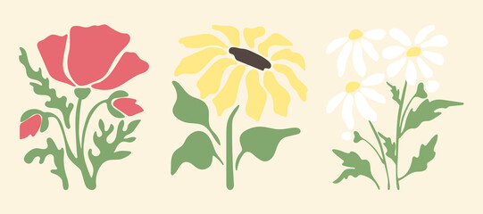 Flowers collection. Organic floral doodle shapes in trendy naive retro hippie 60s 70s style. Botanic vector illustration in pink, yellow, green colors.