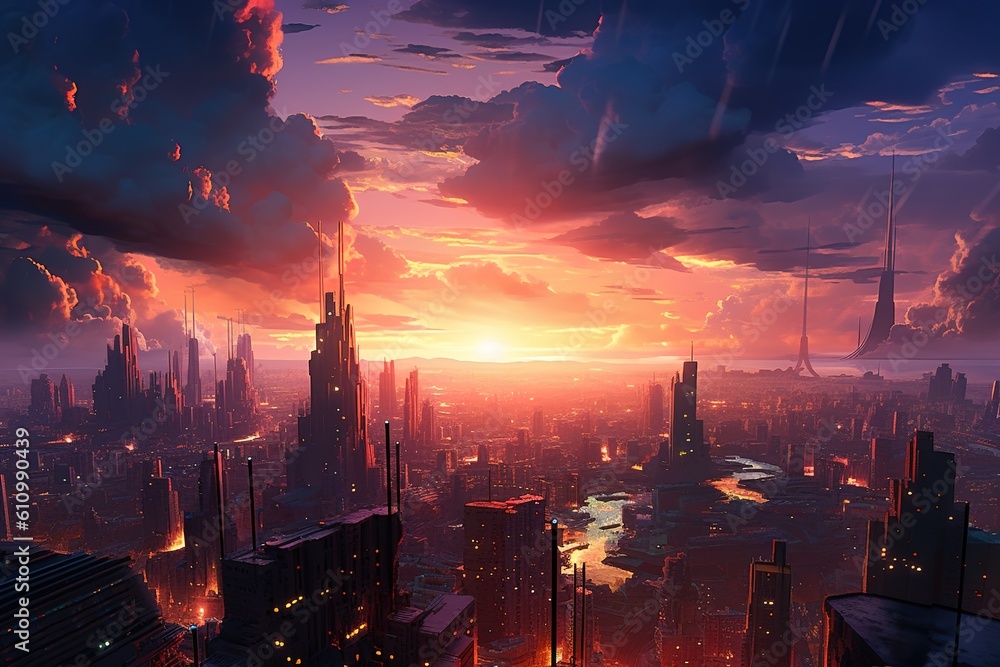 Poster a view of the city with a setting sun in the backdrop generative ai