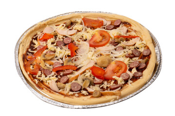 Tasty pizza with salami, sausages, cheese, onions and sauce.