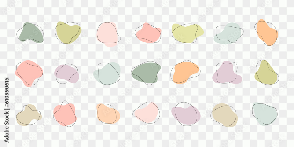 Poster set of abstract fluid shapes in pastel colors. irregular curved dynamic forms. liquid blob elements 
