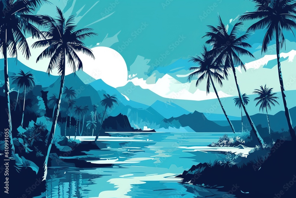 Poster an artwork depicting a tropical setting with palm trees generative ai