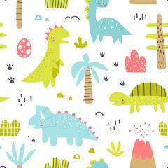 Cute jurassic pattern with funny dino and plants. Seamless vector print with abstract dinosaurs for baby textile.
