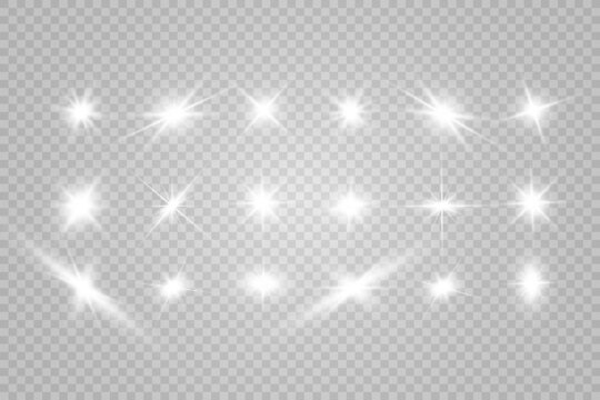 Special lens flash, light effect. The flash flashes rays and searchlight. illust.White glowing light. Beautiful star Light from the rays. The sun is backlit. Bright beautiful star. Sunlight. Glare.	