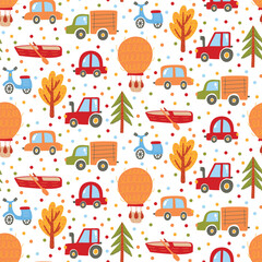 Cute childish cars trees and polka dot festive colorful seamless vector pattern. Vector illustration