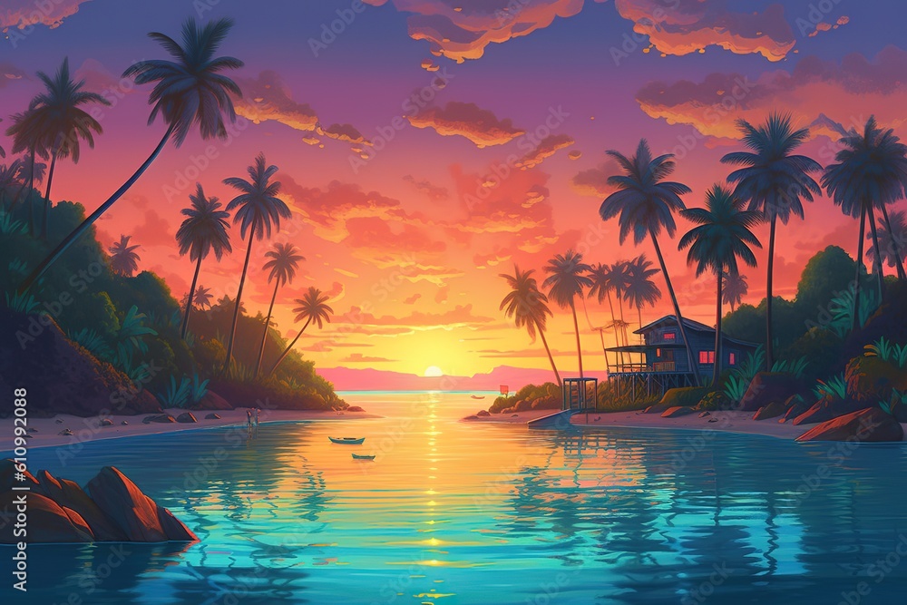 Poster a picture depicting the sun setting over a beach in a tropical setting generative ai