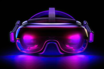 VR goggles. Metaverse. Future game and entertainment digital technology. VR virtual reality glasses on dark background. neon light. Generative AI
