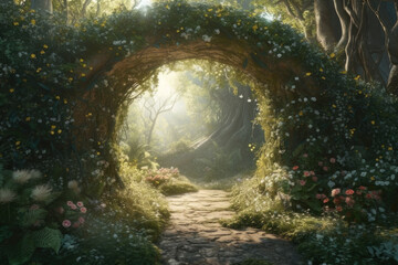 Obraz na płótnie Canvas Arch of flowers in a fairy forest. AI generative.