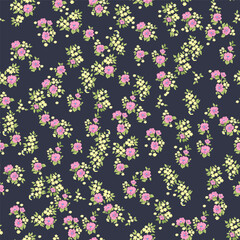 Fototapeta na wymiar Floral pattern. Beautiful flowers on a dark background. Print with small pink and blue flowers. Seamless vector texture. Spring bouquet. Stock vector.