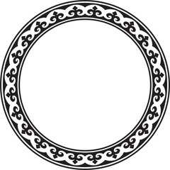 Vector monochrome Kazakh national round pattern, frame. Ethnic ornament of the nomadic peoples of Asia, the Great Steppe, Kazakhs, Kirghiz, Kalmyks, Mongols, Buryats, Turkmens