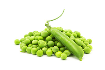 Fresh organic green pea pod with beans isolated on white background. Design element with clipping path.