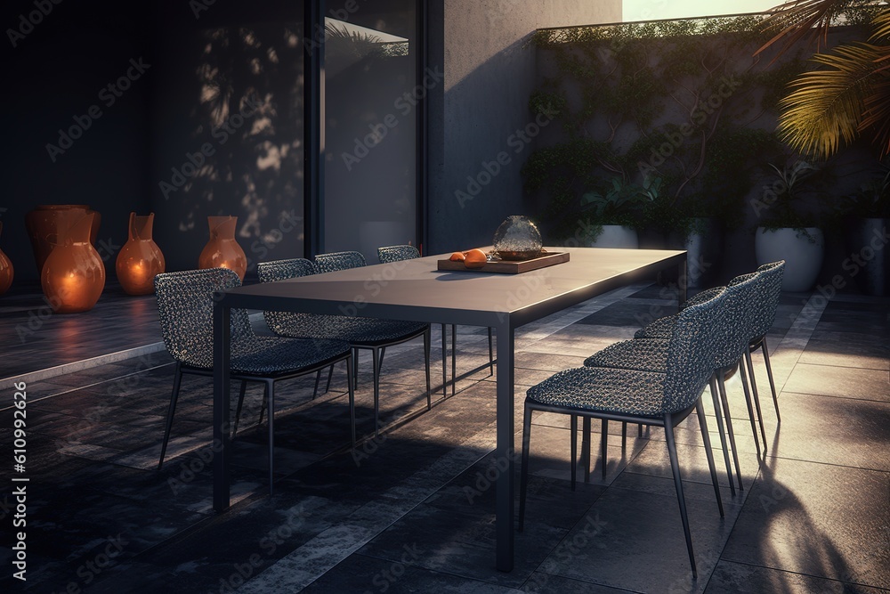 Poster a table in the middle of the room with seats and a bowl of fruit on it generative ai