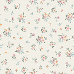 vintage pattern and clusters of pink, orange and pale turquoise flowers on a light background.