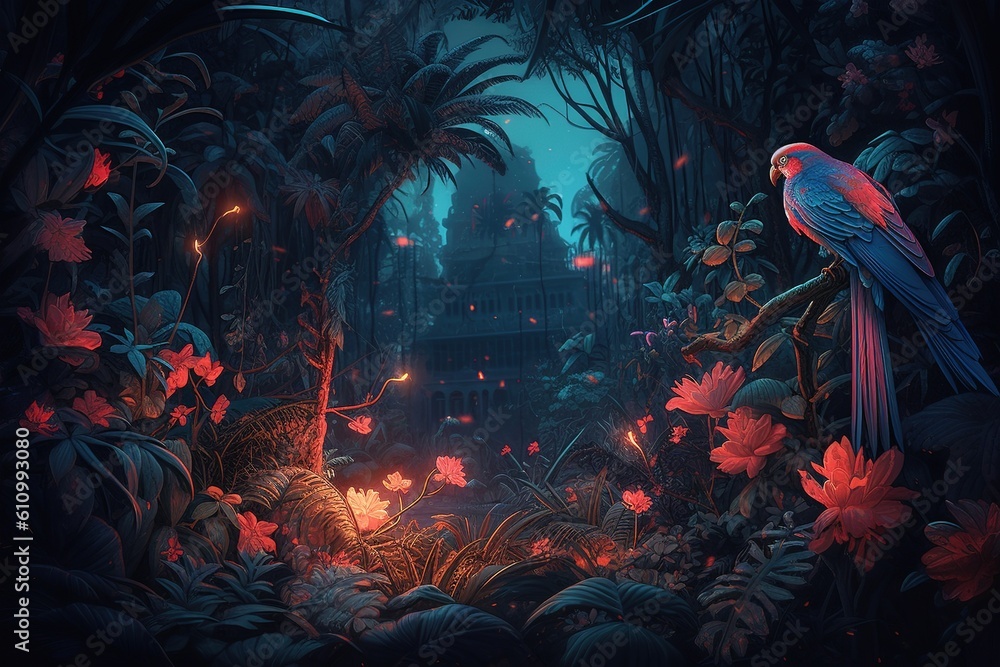 Poster a cartoon depiction of a bird perched on top of a limb of a tree generative ai