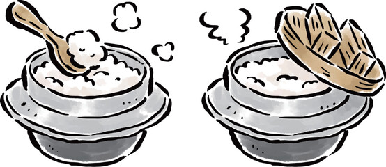 釜炊きご飯　ごはん釜　筆タッチイラスト