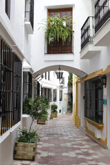 Narrow small street in old city with white houses and metallic sticks on windows and green flowers.