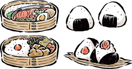 鮭弁当・唐揚げ弁当・おにぎり　筆タッチイラストセット